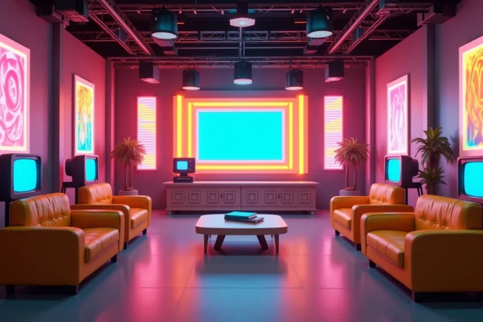 Reconstitution d'un plateau de télévision rétro des années 80 avec décors colorés et moniteurs vintage