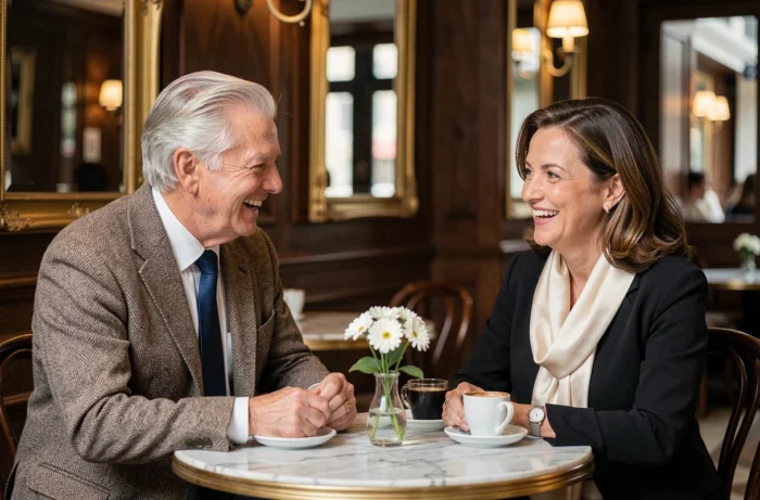 Couple élégant partageant un café dans un bistrot français raffiné, symbolisant la sérénité de la vie privée retrouvée
