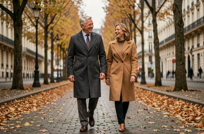 Couple élégant se promenant sur un boulevard parisien en automne, illustrant la nouvelle vie privée de Michel Platini