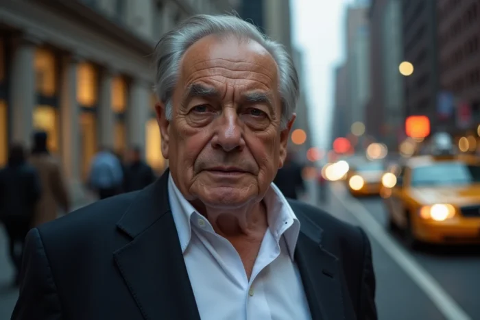 Homme âgé aux yeux expressifs en blazer sombre debout dans une rue animée de New York, évoquant Al Pacino
