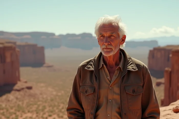 Homme robuste en veste en cuir marron devant un paysage de canyon aride, évoquant Clint Eastwood dans ses westerns iconiques