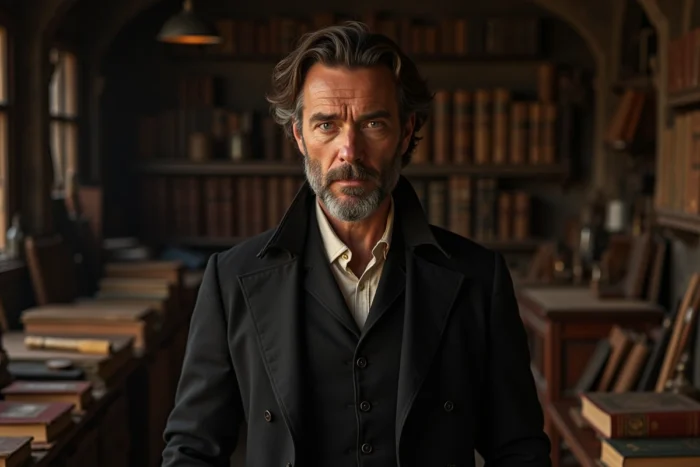 Homme aux yeux perçants en manteau victorien debout dans un atelier ancien rempli de livres, évoquant Daniel Day-Lewis et ses rôles historiques