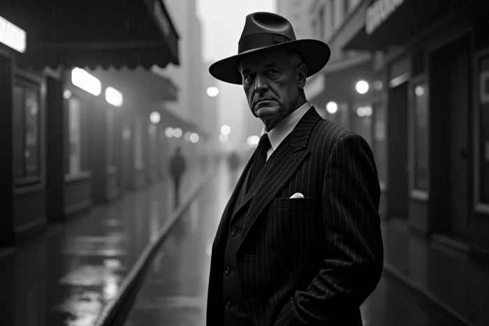 Homme en costume des années 1940 sous un auvent néon dans une ruelle brumeuse, évoquant Humphrey Bogart et l'ère du film noir