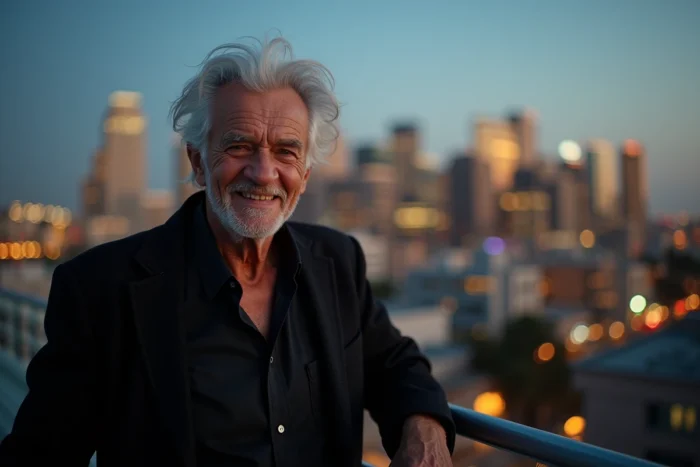 Homme âgé aux cheveux argentés ébouriffés appuyé sur une rambarde avec la skyline de Los Angeles en arrière-plan, évoquant Jack Nicholson