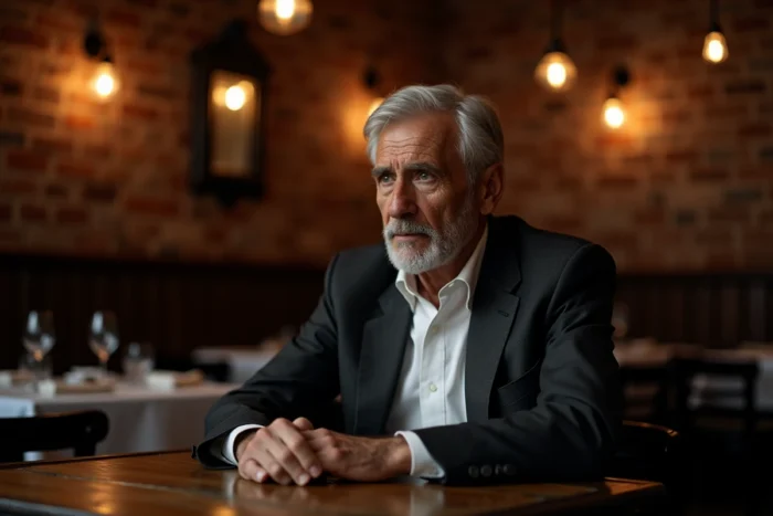 Portrait d'un homme âgé aux cheveux argentés en costume sombre assis dans un restaurant italo-américain vintage, évoquant Robert De Niro
