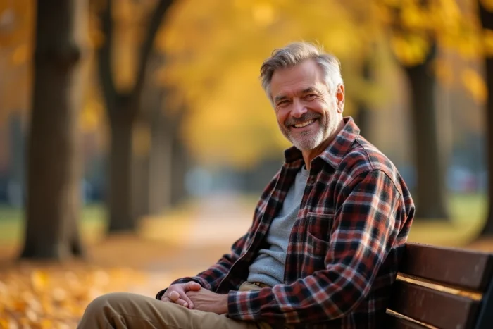 Homme souriant aux cheveux grisonnants assis sur un banc dans un parc automnal, évoquant Tom Hanks dans ses rôles bienveillants