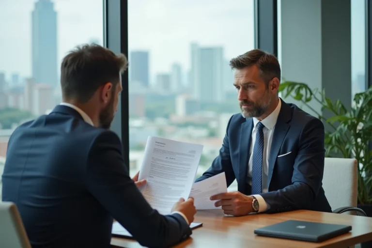 Homme d'affaires et conseiller financier examinant un contrat de prêt privé dans un bureau moderne