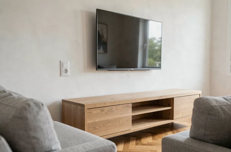 Prise TV murale double encastrée dans un salon moderne avec télévision montée au mur et meuble TV en chêne