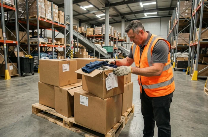 Colis endommagés et problèmes d'emballage dans un entrepôt logistique de livraison de vêtements