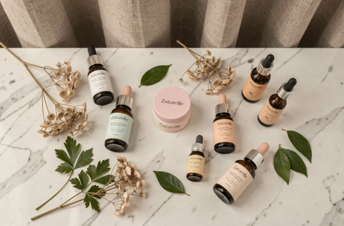 Flat-lay de produits de beauté naturels et botaniques Zaturelle sur marbre blanc avec fleurs séchées et feuilles vertes