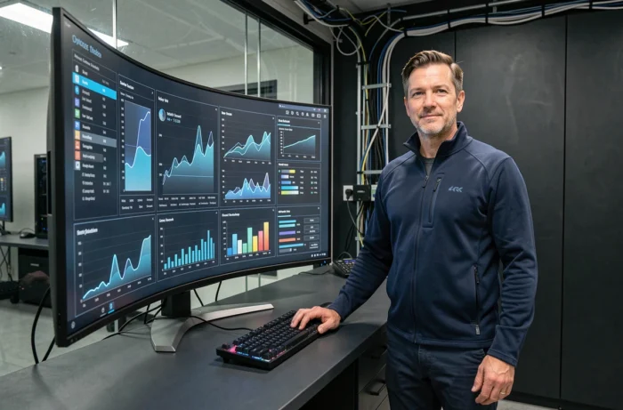 Professionnel devant un écran incurvé affichant des tableaux de bord IA, représentant les innovations technologiques de 2024