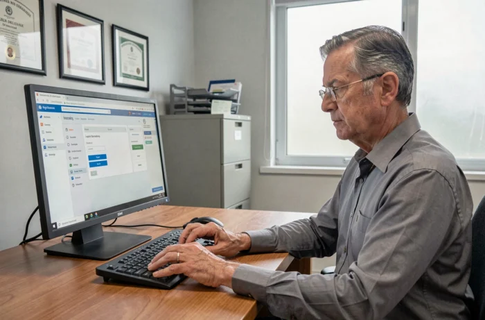 Professionnel de santé masculin accédant à son espace Netsoins depuis un ordinateur de bureau dans un cabinet médical administratif