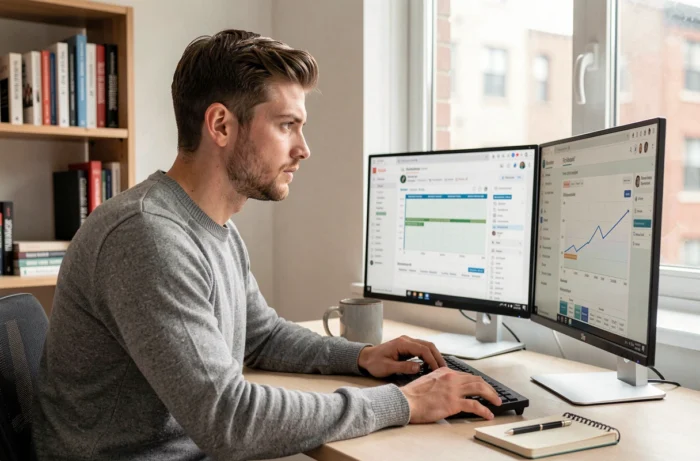 Jeune professionnel travaillant depuis son bureau à domicile sur des stratégies de marketing digital et d'analyse SEO
