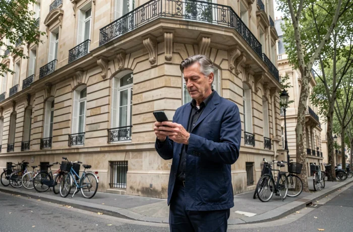 Eigentümer vor einem Haussmann-Gebäude in Paris, der sein Telefon für seine Hausversicherung konsultiert