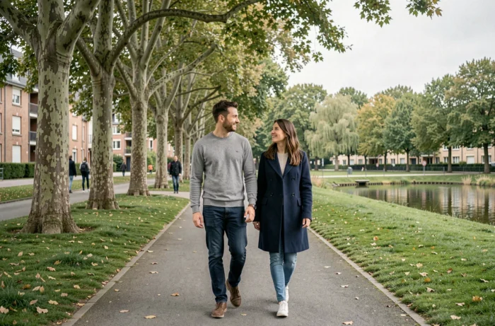 Couple se promenant dans un parc verdoyant du quartier Dervallières à Nantes