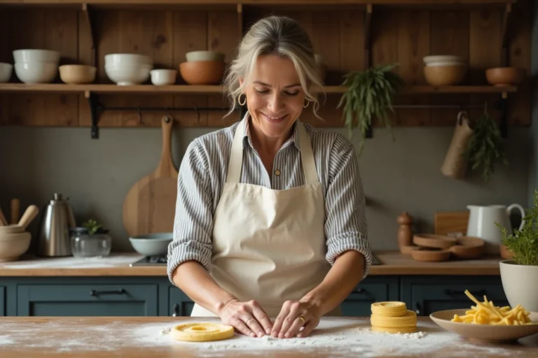 Femme préparant des pâtes fraîches maison sur un plan de travail en bois fariné dans une cuisine chaleureuse