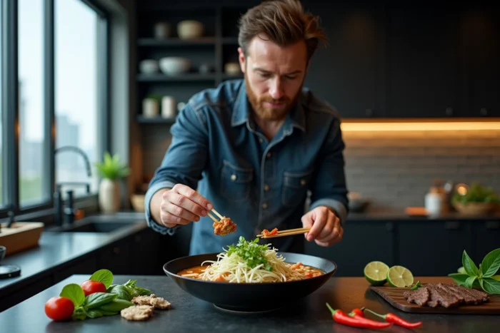 Chef préparant un bol de pho vietnamien dans une cuisine moderne inspirée des saveurs d'Asie du Sud-Est