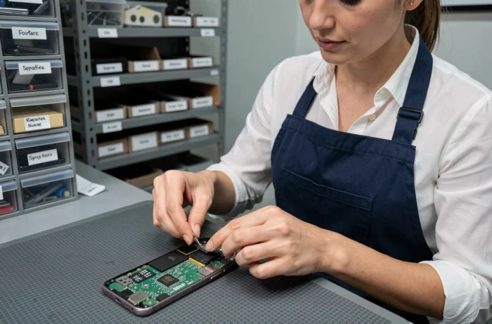 Technicienne remplaçant la batterie d'un smartphone Android dans un atelier de réparation professionnel