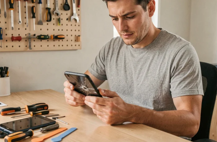Homme réparant un écran de smartphone Android fissuré sur un bureau d'atelier avec des outils de réparation
