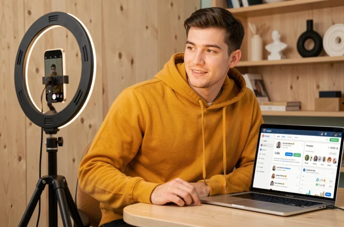 Un créateur de contenu enregistre une vidéo pour les réseaux sociaux et consulte ses statistiques d'engagement pour générer de la preuve sociale