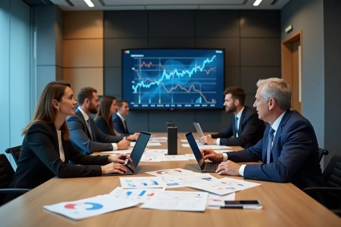 Équipe de professionnels en réunion d'entreprise autour d'une table de conférence avec des outils numériques et des documents