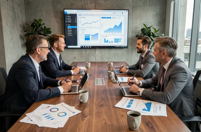 Réunion d'équipe de professionnels autour d'une table de conférence moderne discutant des tendances économiques de 2024