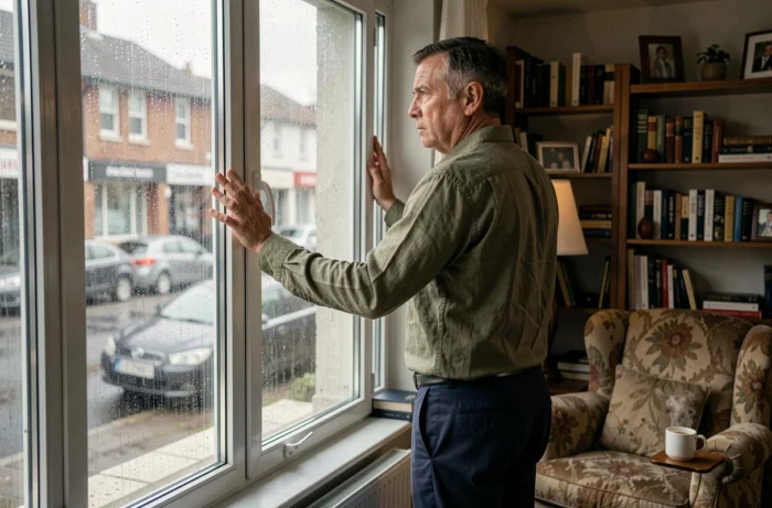 Homme debout devant une fenêtre sous la pluie, plongé dans ses pensées après un rêve angoissant sur la maladie d'un être cher