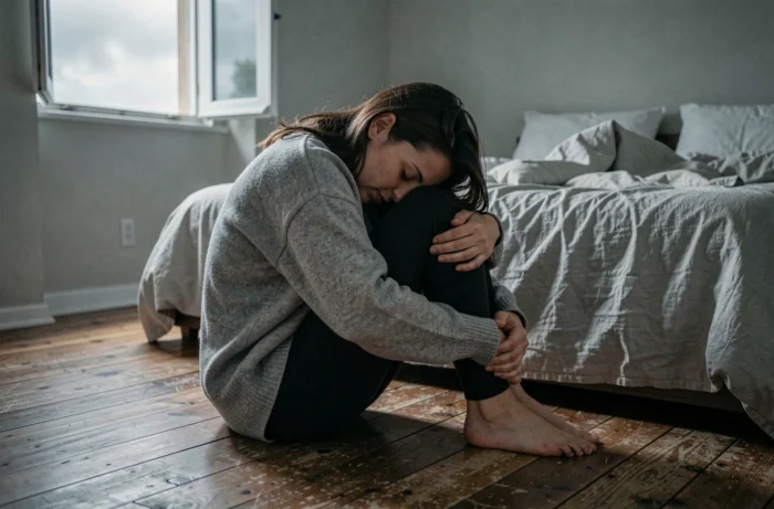 Femme en position fœtale sur le sol d'une chambre, exprimant une angoisse intérieure liée à un rêve perturbant sur un proche malade