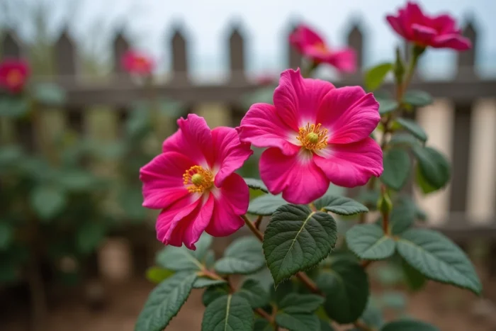 Rosier rugueux (Rosa rugosa) en pleine floraison avec de grandes fleurs magenta-rose froissées et étamines jaunes vives entourées de feuillage vert sombre ridé dans un jardin côtier