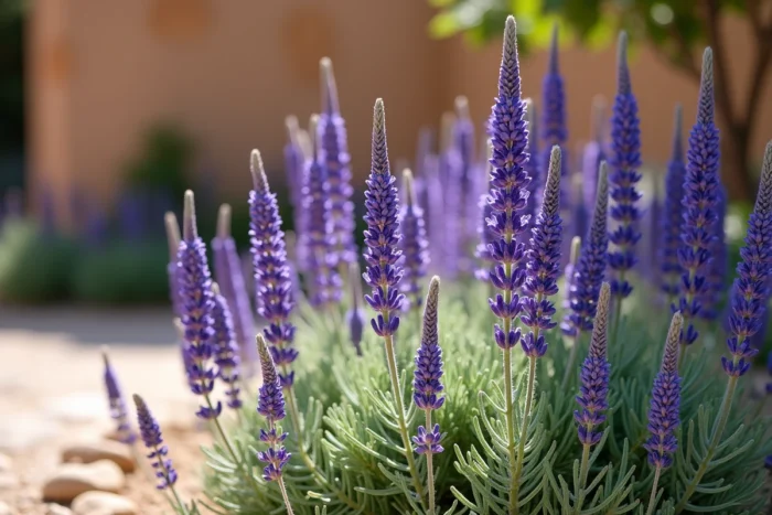 Sauge arbustive (Salvia spp.) en floraison avec de longues épis de fleurs bleu-violet intense et feuillage vert-grisâtre aromatique dans un jardin méditerranéen en gravier