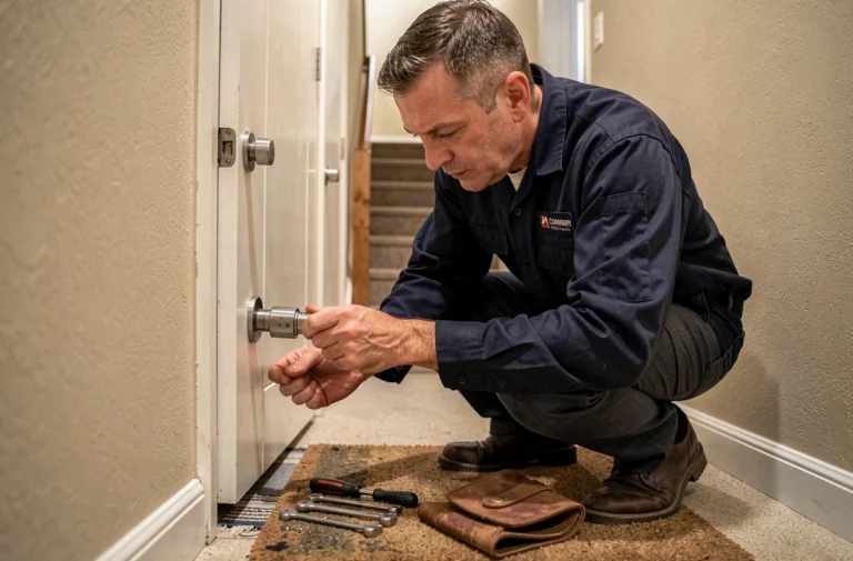 Serrurier professionnel en intervention devant une porte d'appartement avec ses outils de précision