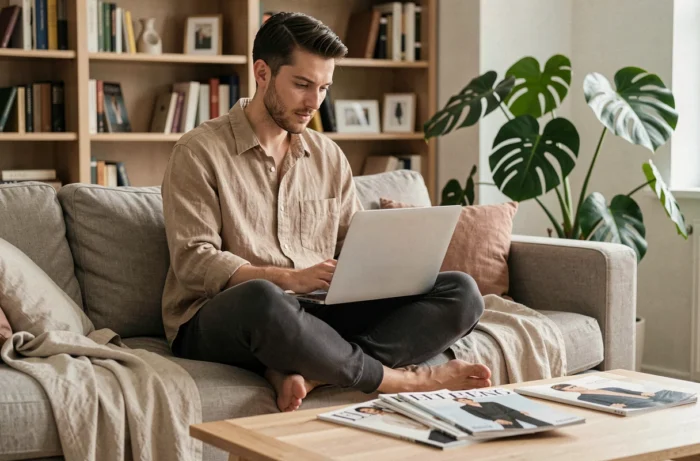 Homme décontracté en chemise en lin parcourant les nouvelles collections de mode en ligne sur son ordinateur portable depuis son salon moderne