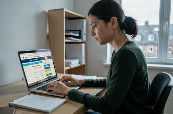 Jeune femme vérifiant ses droits au RSA sur un site gouvernemental depuis son appartement, illustrant la simulation d'éligibilité avec un salaire de 1500 euros