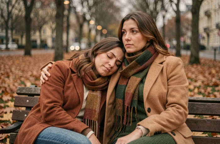 Deux amies assises sur un banc en automne, partageant un moment de soutien émotionnel après un rêve troublant lié au cancer