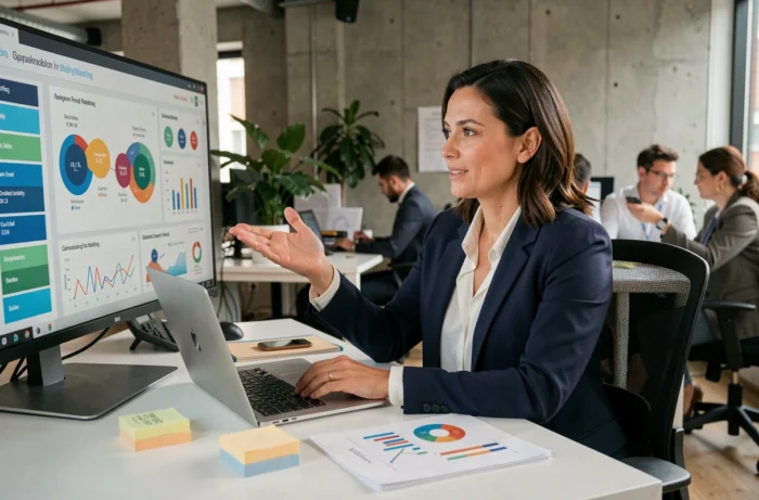 Professionnelle en marketing digital analysant des tableaux de bord et des données analytiques sur un écran dans un bureau moderne