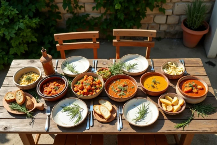Table dressée en plein air avec des plats du monde entier dans un jardin provençal pour un repas convivial