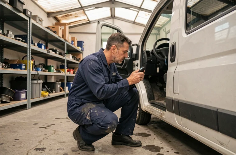 Technicien automobile inspectant le système d'anti-démarrage d'un Peugeot Boxer dans un atelier professionnel