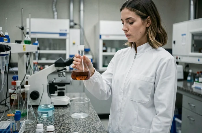 Technicienne de laboratoire en blouse technique blanche avec fermeture éclair dans un laboratoire scientifique universitaire