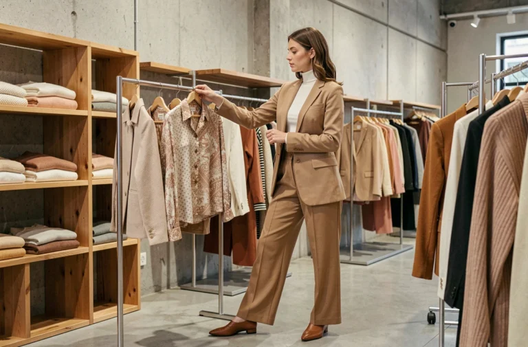 Femme élégante en blazer beige et pantalon large explorant les dernières tendances mode dans une boutique moderne au décor épuré