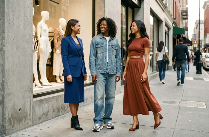 Groupe de trois jeunes femmes tendance devant un pop-up store de mode urbaine, arborant chacune un style distinct représentant les dernières tendances vestimentaires