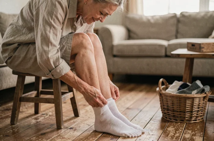 Femme enfilant une chaussette élargie sur son pied dans un salon rustique en bois