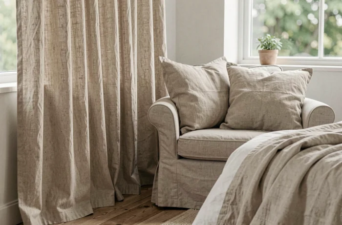 Textiles en lin naturel et chanvre pour coussins et rideaux dans une chambre scandinave lumineuse