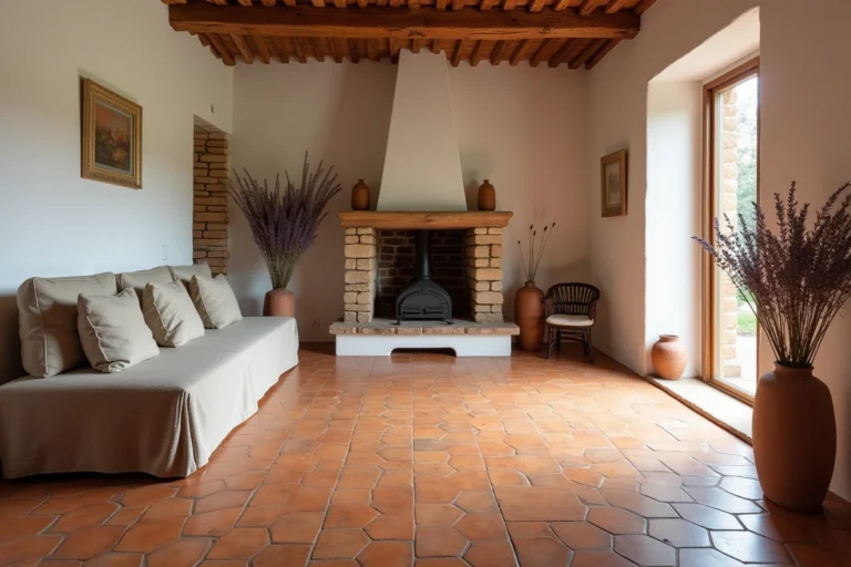 Sol en tomettes hexagonales en terre cuite patinées dans un salon provençal rustique avec cheminée en pierre et poutres apparentes