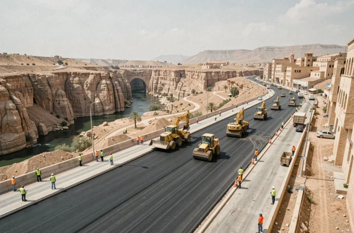 Travaux d'infrastructure routière à grande échelle à Constantine avec engins de chantier et ouvriers en tenue de sécurité