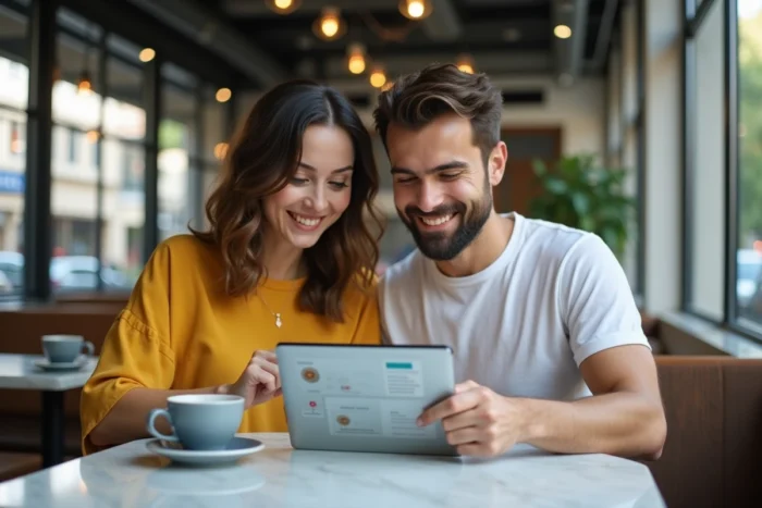 Deux collègues suivant un tutoriel étape par étape sur une application web depuis une tablette dans un café
