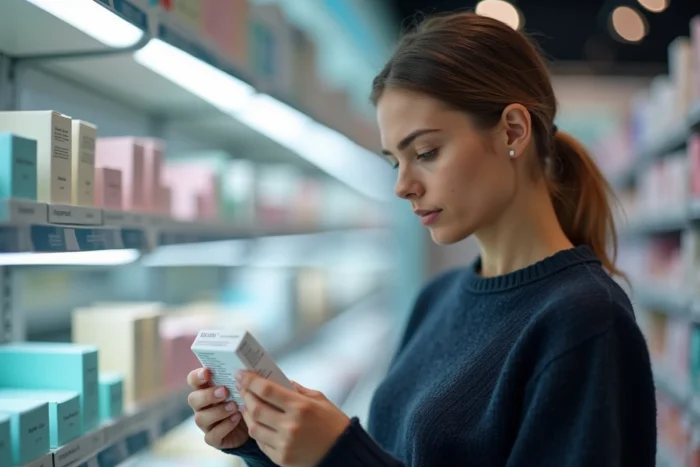 Femme lisant la liste des ingrédients au dos d'un produit pour le contour des yeux dans un rayon beauté