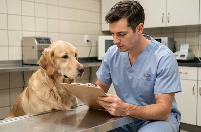 Vétérinaire homme portant une blouse médicale bleue lors d'un examen d'animal dans une clinique vétérinaire moderne