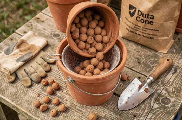 Gros plan sur des billes d'argile versées dans un tamis au-dessus d'un seau sur un établi de jardinage en bois