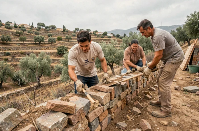 Volontaire participant à la construction d'un mur en pierre avec des habitants locaux dans un paysage agricole en terrasses, incarnant le voyage solidaire