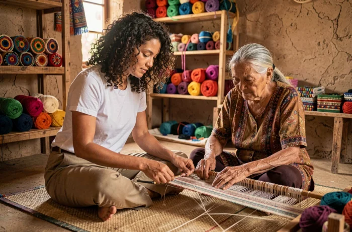 Voyageuse solidaire apprenant l'artisanat traditionnel aux côtés d'une artisane locale, symbole d'échange culturel authentique